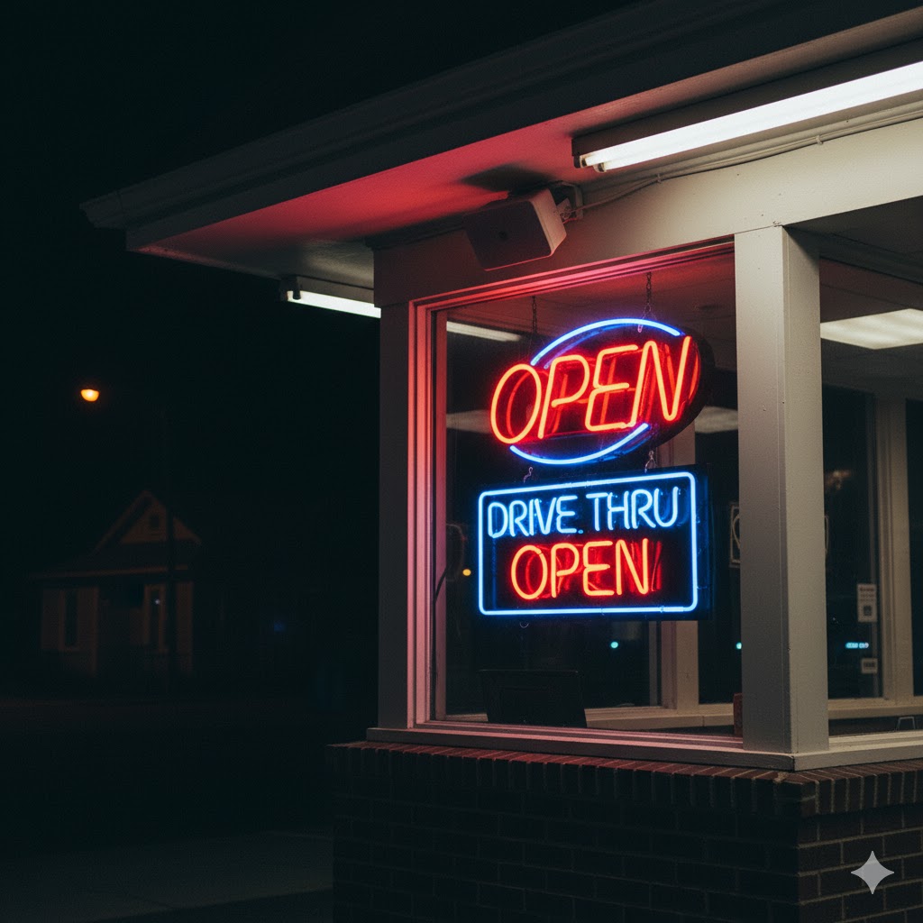 Restaurante en Orlando abierto 24 horas con comensales disfrutando comida nocturna