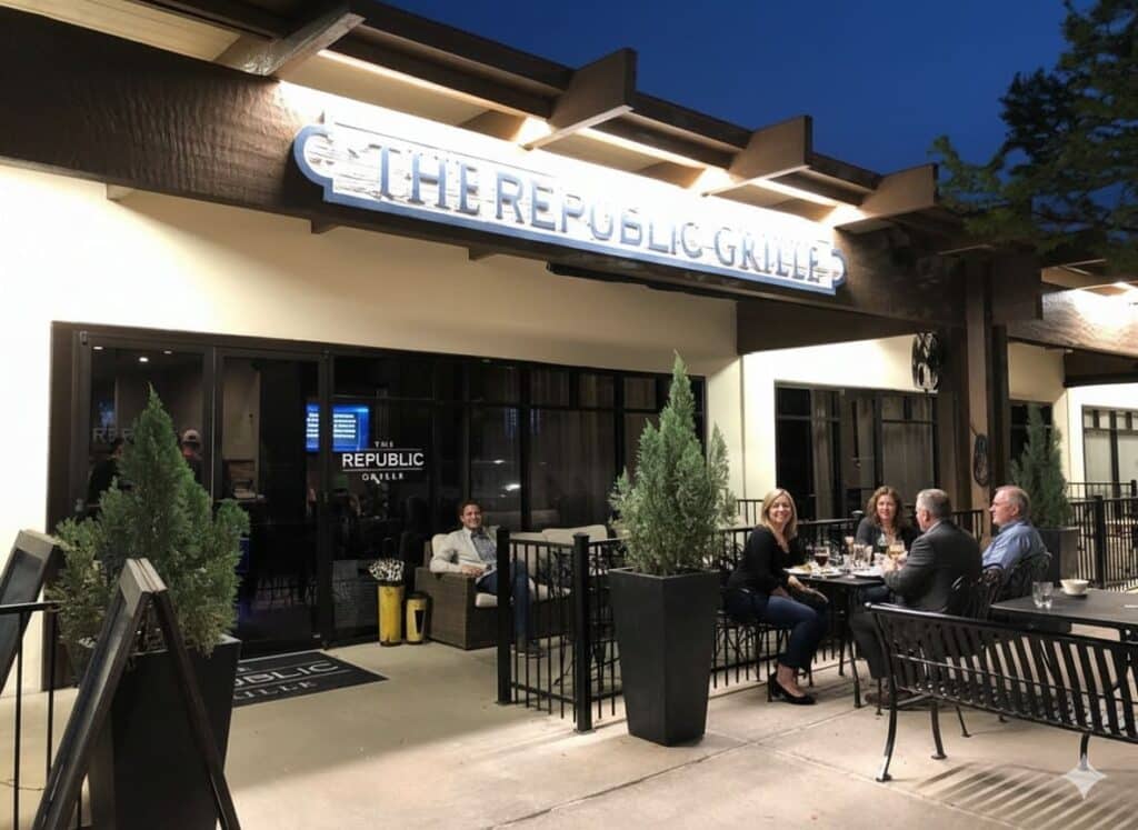 Afuera de The Republic Grille en The Woodlands, un restaurante texano de estilo clásico con encanto local.